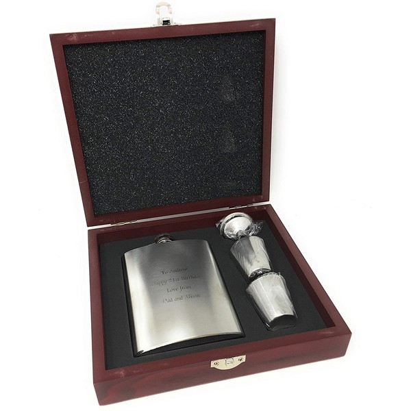 Personalised 8oz Stainless Steel Hip Flask Gift Set in Wooden