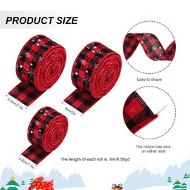 3 Rolls Christmas Ribbons Christmas Hessian Ribbon Wrap Ribbon Red and Black Checked Gift Ribbon Craft Ribbon Fabric Ribbons for Gift Bow Craft Decoration