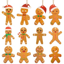 Pack of 12 Gingerbread Christmas Wooden Pendants, Christmas Tree Pendants, Wooden Christmas Tree Decoration, Christmas Tree Pendant with Threads Christmas Pendant for Gift Tags