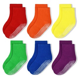 Non Slip Toddler Socks - 6 Pairs Anti Slip Socks for Kids Girls 1-7 Years Everyday Wear Assorted Colors Children Socks with Grip(#2 Rainbow- 6 Pairs, 5-7 Years)