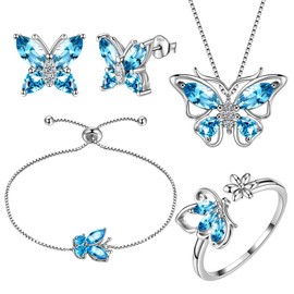 Aurora Tears Butterfly Jewelry Set,925 Sterling Silver Butterflies March-Aquamarine Birthstone Pendant Necklace/Earrings/Rings/Bracelets for Wedding Gift