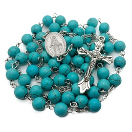 Nazareth Store Sky Blue Marble Stone Beads Rosary Turquoise Beaded Necklace Catholic Miraculous Medal & Jesus Cross