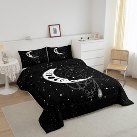 Castle Fairy Mysterious Cat Comforter Set,Bohemian Moon Star Bedding Set Kids Teens Modern Decor,Galaxy Starry Sky Black Comforter with 1 Pillowcase for All Seasons,Twin