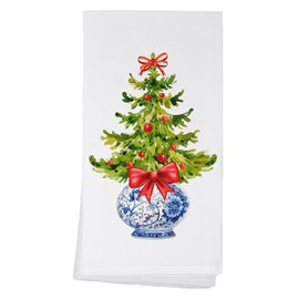 Chinoiserie Christmas Tree Towel, Blue and White Kitchen Decor, Preppy Chinoiserie Hand Towels, Chinoiserie Decor Tea Towels - 100% Certified Organic Cotton Flour Sack, White (Christmas Tree)