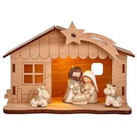 Needzo Miniature Wooden Battery Operated Light Up Creche, Nativity Sets for Christmas Indoor Decorations, Lighted Manger Scene Figurines, Religious Xmas Gifts for Catholic Families, 6 Inches