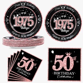 algpty 60 PCS Vintage 50th Birthday Plates and Napkins Set, 50th Birthday Decorations Rose Gold, Service for 30, 1975 Birthday Dessert Plates and Napkins Party Supplies for Women