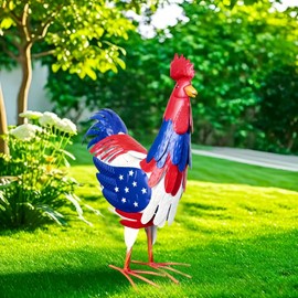 JIALINXIA Large Patriotic Metal Rooster Garden Statue American Flag Chicken Yard Art Decor, Outdoor Decoration for Lawn Patio Farmhouse USA Pride