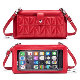 Unbranded Quilted Design Lady Sling Bag Crossbody Wallet with Hasp, Phone Out Pocket Purse - Red, Genuine Leather with Touch Screen