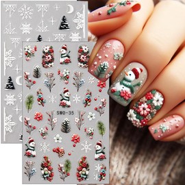 2sheets 5D Embossed Christmas Nail Stickers for Nail Art Snowman Nail Art Stickers Self Adhesive Winter Snowflake Tree Flower Nail Decals Xmas Star Moon Nail Design Stickers for Women Girl