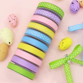 10 Rolls 3/8-Inch Easter Grosgrain Ribbons, Polka Dot Ribbon and Solid Ribbon Mix, 5 Color Perfect for Easter Decoration, Craft, Gift Wrapping, Wreath, Easter Basket Decoration