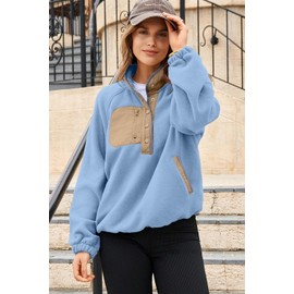 Dokotoo Jackets for Women Fuzzy Fleece Color Block Button V Neck Long Sleeve Sweaters Pullover Sweatshirts Tops Warm Soft Sweatshirt Outwear Comfy Fall Fashion Outfits Clothes 2025 Sky Blue XX-Large