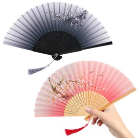 PORUPAEL 2 Pack Folding Fans, Handheld Bamboo Silk Fabric Folding Hand Fans with Tassel Wooden Chinese/Japanese Folding Hand Held Fans for Women Wedding Party Wall Decoration