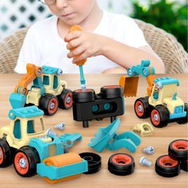 Juguetes De ConstruccióN para NiñOs, Set De 4 VehíCulos Desmontables con Caja De Herramientas, Incluye Excavadora, Rodillo, Bulldozer Y Taladro, Ideal para Jugar En La Arena, Regalo Educativo para Ni