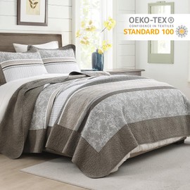 Finlonte 100% Cotton Quilt Set, Striped Floral Lightweight Reversible Quilted Bedspreads, 3-Piece, Gray/White, Queen Size