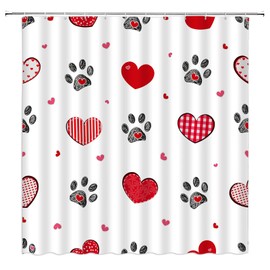 Valentine's Day Shower Curtain Red Heart Paw Print Striped Dot Plaid Sweet Love Romantic Fabric Curtain with Hooks for Bathroom Decor,70x70 Inch