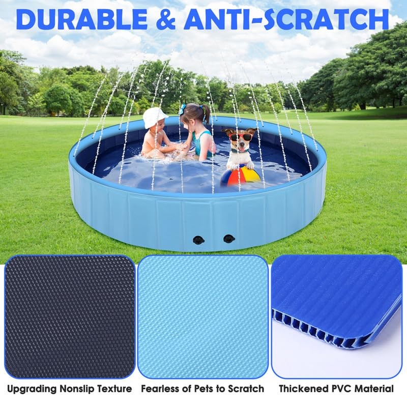 63" Large Dog Pool with Sprinkler, 2-in-1 Foldable Swimming Pool