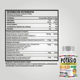 Potasio Gold, Organic Complex. Suplemento de Alta Calidad con Citrato de Potasio, Licopeno, Cúrcuma, Vitamina B6 y Pimienta Negra. Fórmula Avanzada. Purely Organics. 90 Cápsulas.