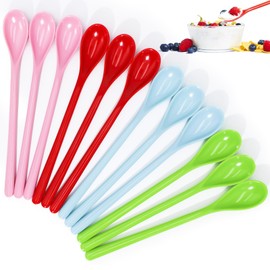 Amentalove 12 Pcs Plastic Spoons, Colorful Long Handle Spoons, Long Teaspoons, Ice Cream Spoons, Sundae Spoons, Dessert Spoons, Coffee Spoons, Reusable Long Spoons for Latte Glasses (18.5 cm)