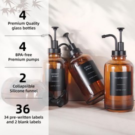 Coffee Syrup Dispenser, Set of 4 Amber Glass Coffee Syrup Bottle w. Pump and Labels, 16.9 oz 500ml Syrup Pump Dispenser, Farmhouse Syrup Dispenser for Coffee Bar, Ideal Gift