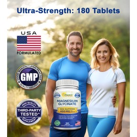 aSquared Nutrition Magnesium Glycinate 400mg - 180 Tablets - Max Strength Magnesium Bisglycinate Supplement -Maximum Bioavailability & Absorption-Non-GMO -Not Buffered-Supports Muscles, Bones & Heart