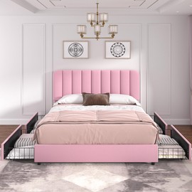 VECELO Queen Size Upholstered Bed Frame with 4 Drawers and Headboard, Velvet Platform Storage Bedframe, Wooden Slats Support, No Box Spring Needed,Pink