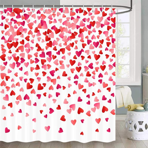 Valentines Day Shower Curtain, Valentines Day Falling Red Hearts Watercolor