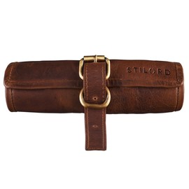 STILORD Felix Vintage Large Pencil Case Leather Round Pencil Case Pencil Case Real Leather, Cognac - Dark Brown, Cosmetic bag