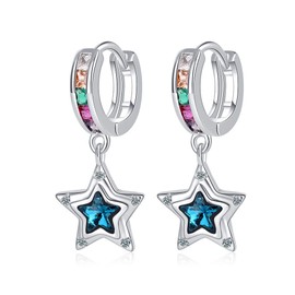 Colourful CZ Star Dangle Small Hoop Earring for Women Girl Teen Sterling Silver Plated Charms Rainbow Crystal Drop Mini Cartilage Clip Jewelry Delicate Dainty Fashion Birthday Gift Girlfriend Daughter