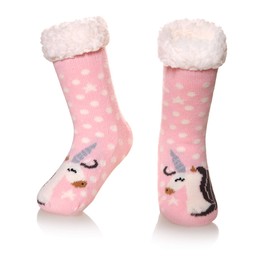 SeeyAN Kids Boys Girls Warm Slipper Socks Cute Animal Soft Thicken Winter Thermal Fleece Fuzzy Non-Skid Children Home Socks (Pink, 5-8 Years)