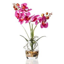 Jusdreen 1 Pcs Glass Vase Artificial Orchid Flower Bonsai Vivid Phalaenopsis Flowers Potting for Home Office Décor, Table Centerpiece Room Decorations 14.5"(Glass Vase/Purple Orchid)