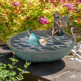 JUNIQUTE Vintage Angels Statue Bird Feeder, Fairy Garden Bird Bath for Outside, Resin Bath Bowl Outdoors (Bronze)