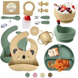 O'doe 17-Piece BPA-Free Silicone Baby Feeding Set | Thick & Soft Suction Plates, Baby Bowls, Wooden Fork & Spoon, and More | Make Mealtime Fun and Easy for Your Little One (Beige and Green, V3)