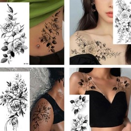 [F25V] Fashion Tattoo Stickers Flower Summer 12-Piece Set Black and White Large Rose Black and White 12-piece (Rose)