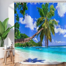 ASDCXZ Shower Curtain Palm Trees Beach 180 x 180 cm, Summer Seaside Blue Sky Tropical Plants Shower Curtains Washable Polyester Textile Waterproof Shower Curtain for Bath with 12 Shower Curtain Hooks