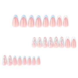 ​French Tip False Nails - Short Almond False Nails - Blue Press On Nails With Cute Flower - Glossy Oval Fake Nails With Glue - Removable Full Cover Glue-On-Nail For Women Girls DIY Nail Art