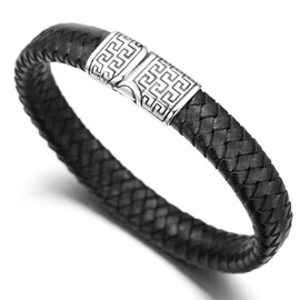 HALUKAKAH ● Solo ● Men's Genuine Black Leather Bracelet Titanium Clasp with Magnets 8.46"(21.5cm) - with Giftbox