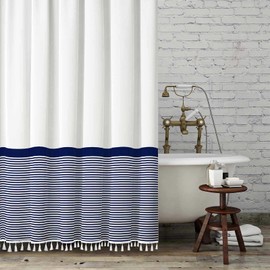 Seasonwood 84inch Tall White Shower Curtain Navy Blue Striped with Tassels,Modern Fabric Farmhouse Shower Curtain for Bathroom Decor,Easy Care Waterproof Washable Durable 72 x 84