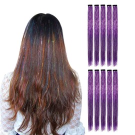 LiaSun 10Pcs/set Highlight Glitter Tinsel Hair Extensions Clip In - Colored Party Sparkling & Shiny Hair Extensions - Multi-Colors Hair Streak Bling Hairpieces (Purple)