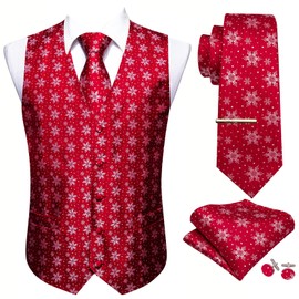 Barry.Wang Men's Christmas Vest Tie Set Suit Holiday Business Dress Waistcoat V-Neck Party Snowflake Xmas Costumes