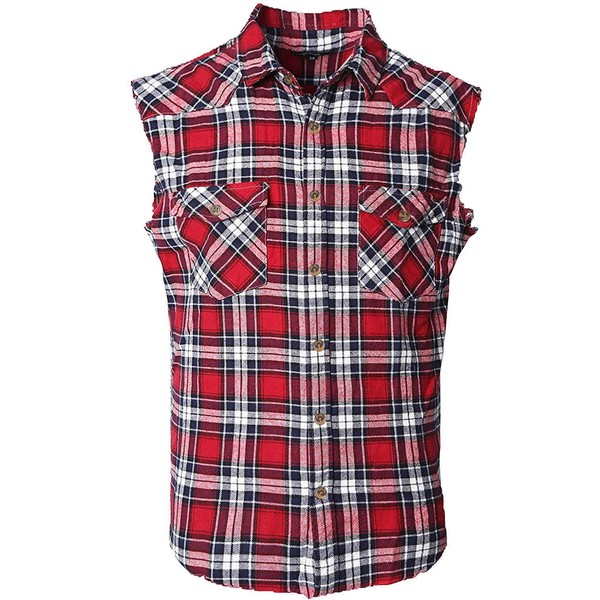 NUTEXROL Men's Casual Flannel Plaid Shirt Sleeveless Cotton Plus Size
