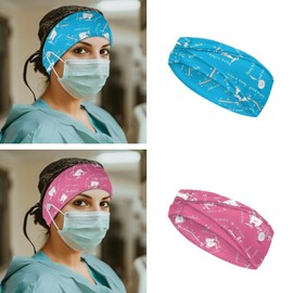 Gomyblomy 2 Pcs Teeth Print Nurse Headbands with Buttons for Nurse Doctors Dentist Hair Bands for Work Non Slip Head Wrap Hair Accessories for Women Men Elastic Fabric Sweatband