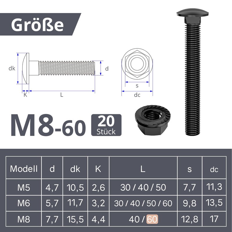 ORTAVA Carriage Bolts M8 x 60 Black Oxide DIN 603
