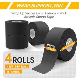 Dimora Athletic Tape, Easy Tear Sports Tape with Serrated Edges, Strong Adhesion, No Residue, Ideal for Gymnastics, Boxing, Lacrosse, Hockey and First Aid (Black, 1.5 in x 45 ft, Pack of 4)
