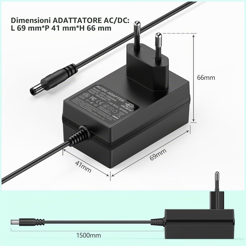 Melasat - Adattatore AC da 12 V, 2 A, trasformatore