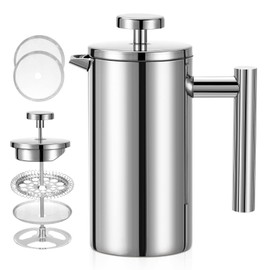 Meelio Stainless Steel French Press Coffee Maker, Double-Wall Insulated Large French Coffee Press with 2 Extra Screens, 50 Ounce, Silver