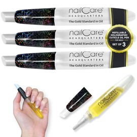 Refillable Holographic Cuticle Oil Pen for Nails - Empty Holo Squeeze Nail Oil Pen with Brush from Nail Care Headquarters by Bliss Kiss 3-Pack
