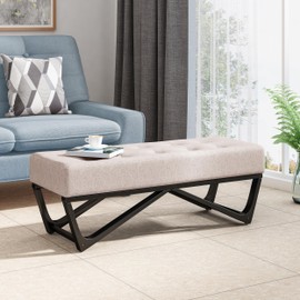 Ball & Cast Modern Tufted Upholstered Entryway Bench Ottoman, 47.5" Padded Bed of End Stool Seating with Faux Wooden Frame, for Living Room Bedroom Kitchen, Beige