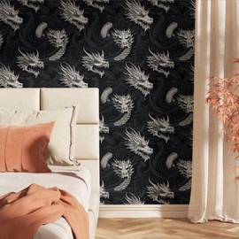 MuralPeel Dark Black Grey Dragon Vintage Peel and Stick Wallpaper Easy Peel Off Self Adhesive Removable Stick on Wall Paper for Kitchen Renter Friendly