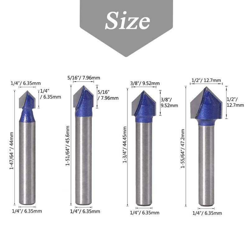 Mesee 4 Pieces 90 Degree V Groove Router Bit Set,