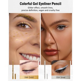 2 x Glitter Gel Eyeliner, Gold Silver Metallic Shimmer Eye Pen, Waterproof, Durable, Smudge-proof Eyeliner with Sharpener, Highly Pigmented Eyeshadow Pen, Easy to Use Makeup for Party 04+05
